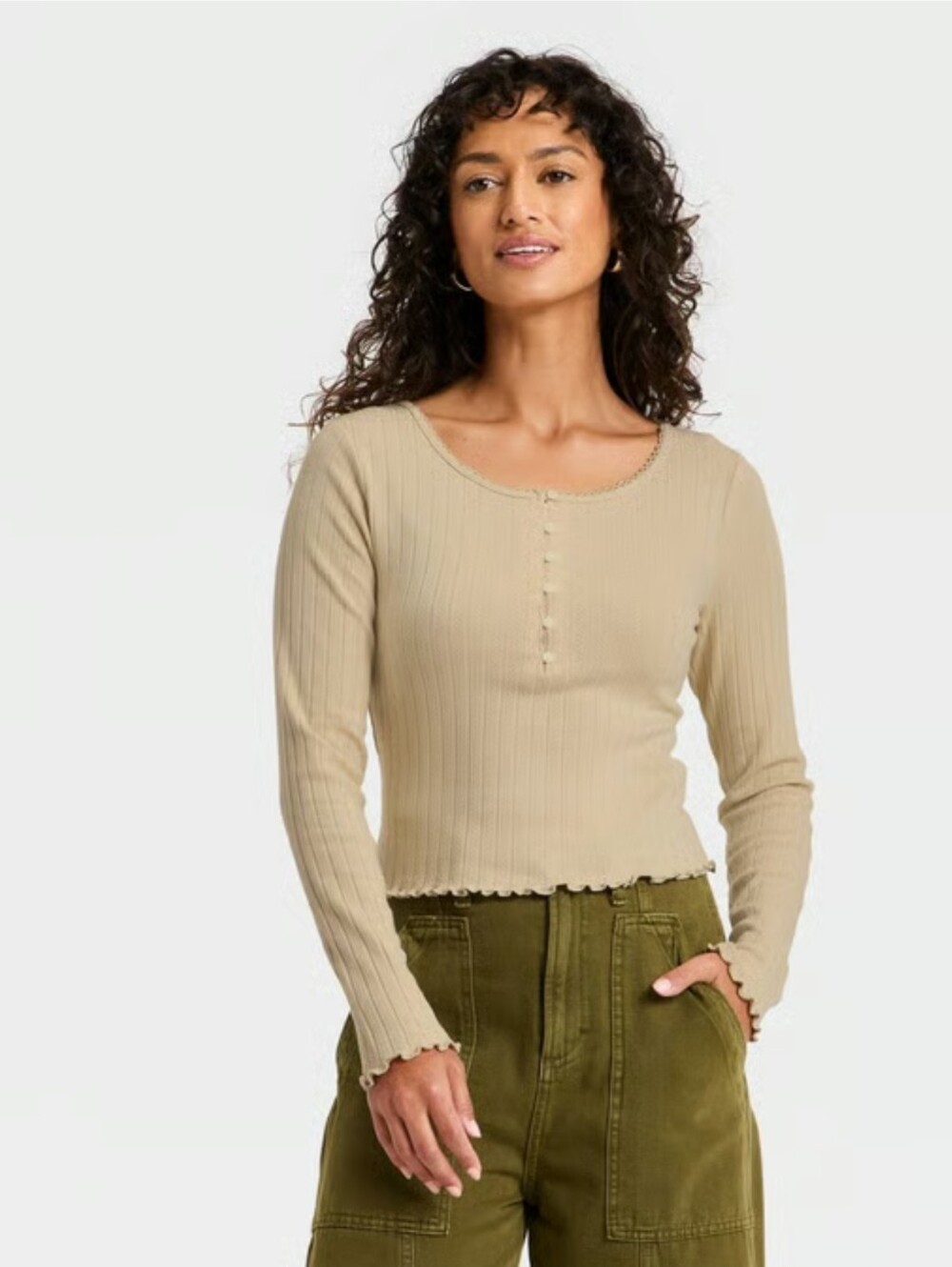Universal thread Women's Long Sleeve Pointelle Henley Shirt Tan Size XL